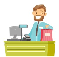 Caucasian white cashier handing over shopping bag.